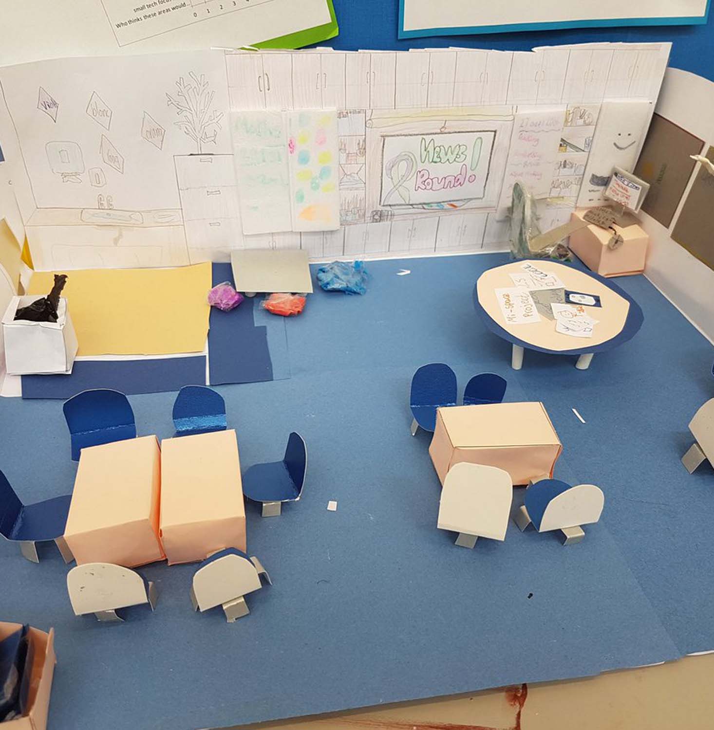 A model of a classroom made by school pupils showing different seating arrangements and children's artwork on the walls