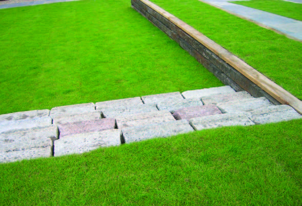 Outdoor shallow stone stairs leading out of a grassy area in Scotland's Housing Expo.