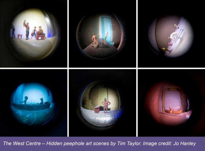 A selection of minute scenes in peepholes at the West Centre featuring tiny figures skiing, rowing a boat and watching tv.