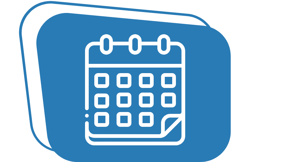 An icon of a calendar above a dark blue backdrop.