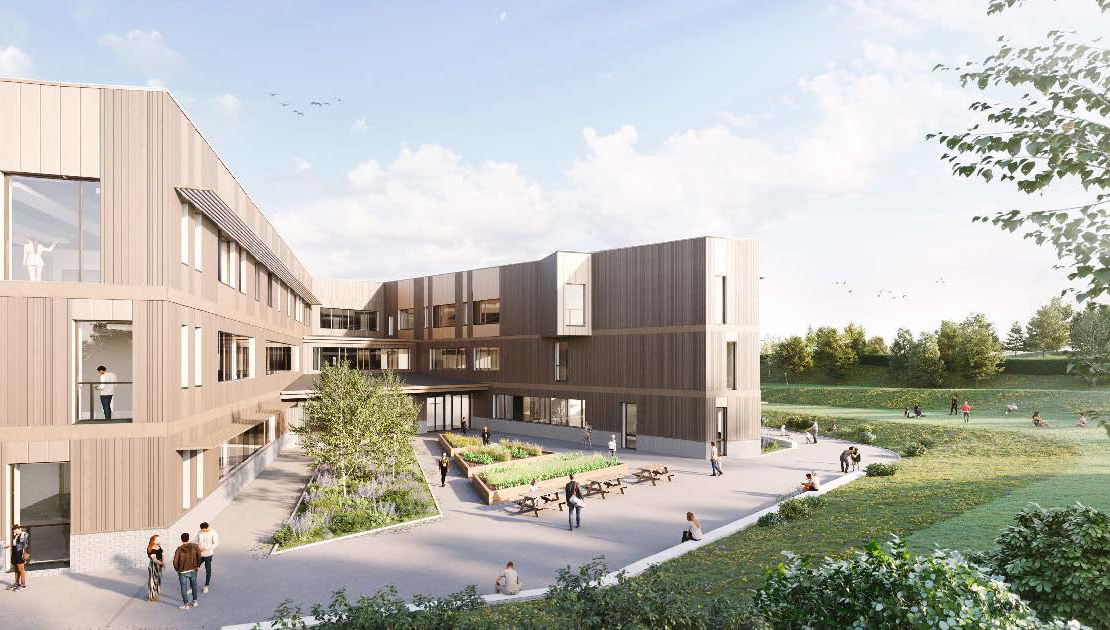 An architectural illustration of Liberton Highschool with wide green spaces and three storey school building.