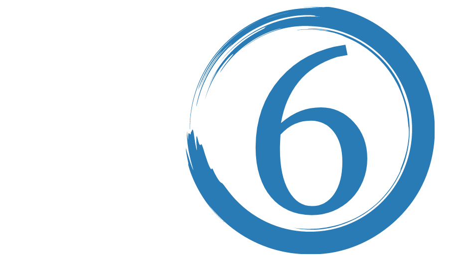 The number 6 in a blue circle. 