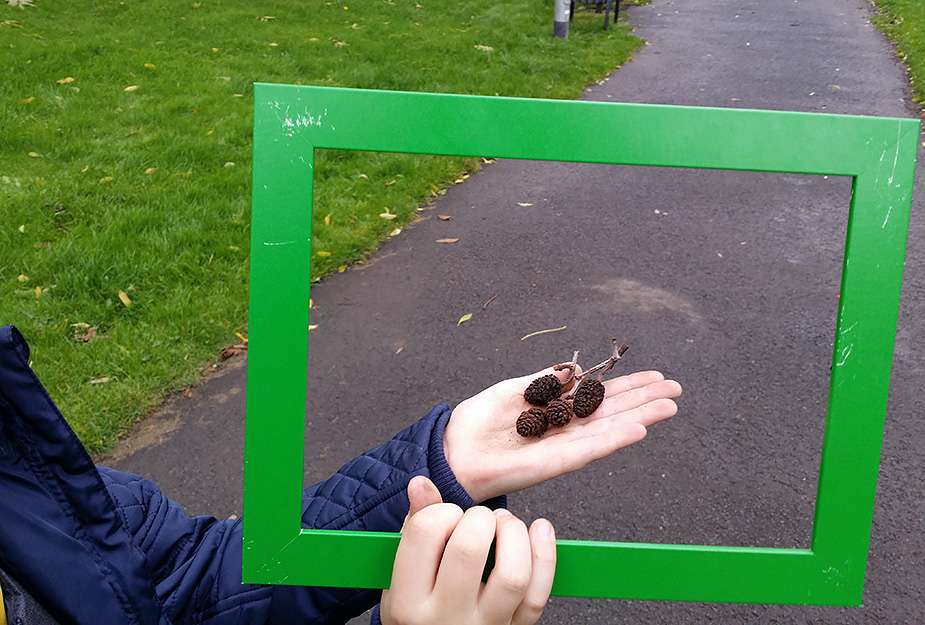 A hand holding an acorn in a green frame.