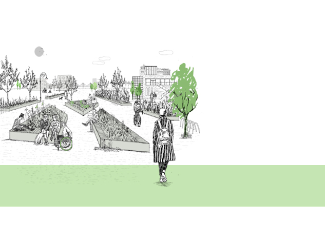 A drawing of people enjoying a large outdoor space with plants, trees, paths and benches. A bridge and a few buildings are visible in the background.