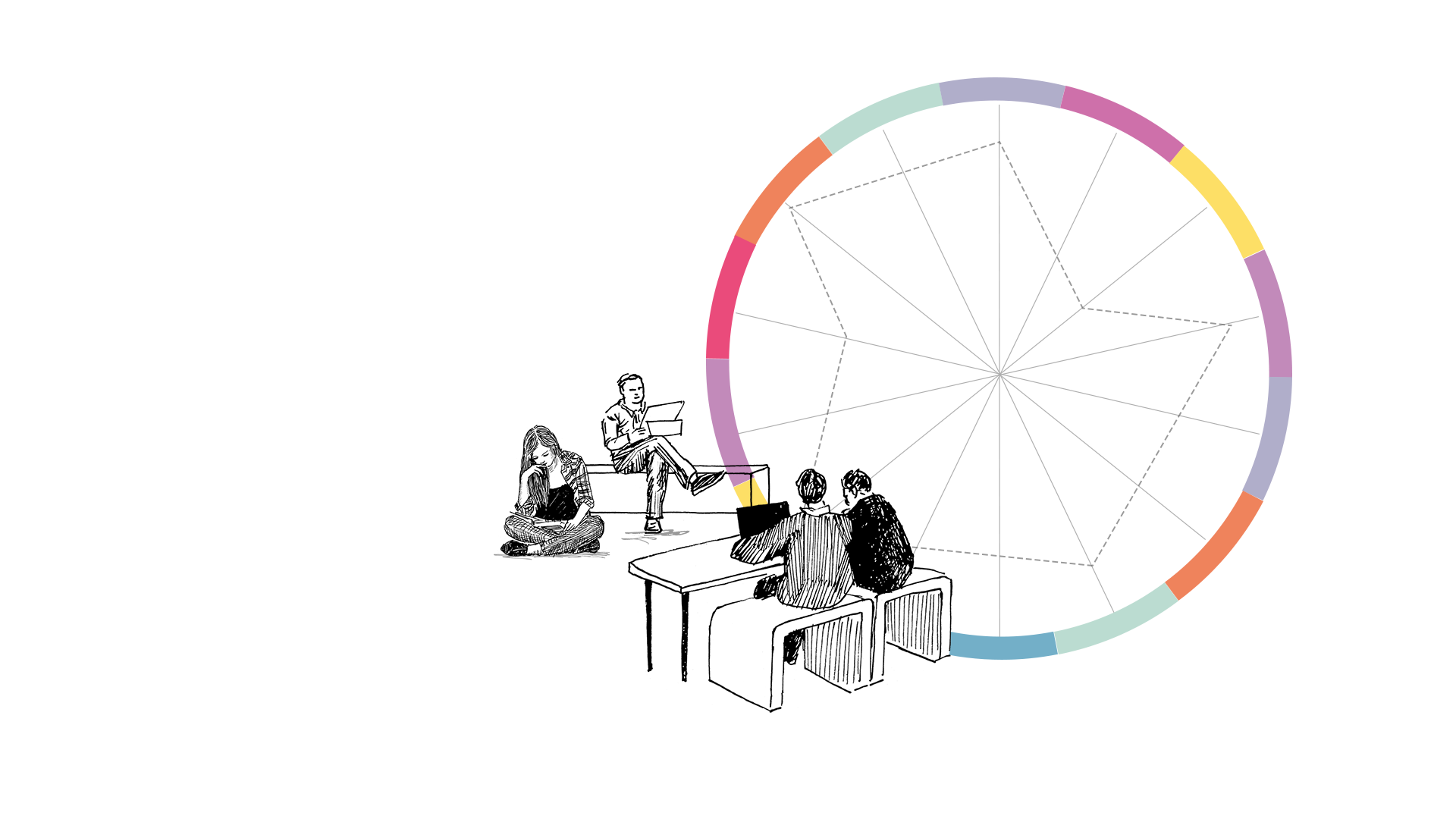 An illustration of the Place Standard wheel in the background. A group of people reading books and looking at their laptops.