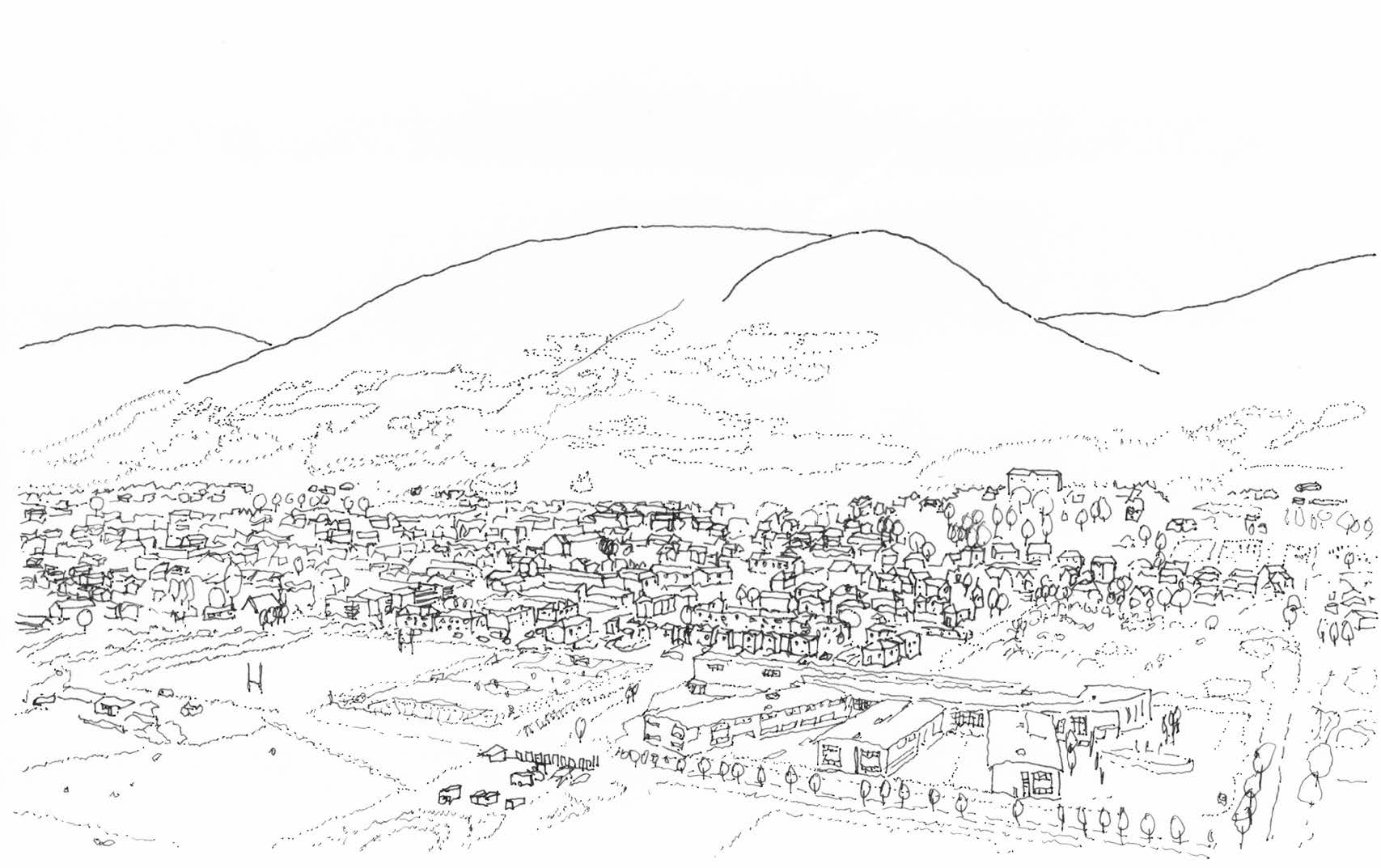 A black and white aerial illustration of Alva town centre with mountains in the background.
