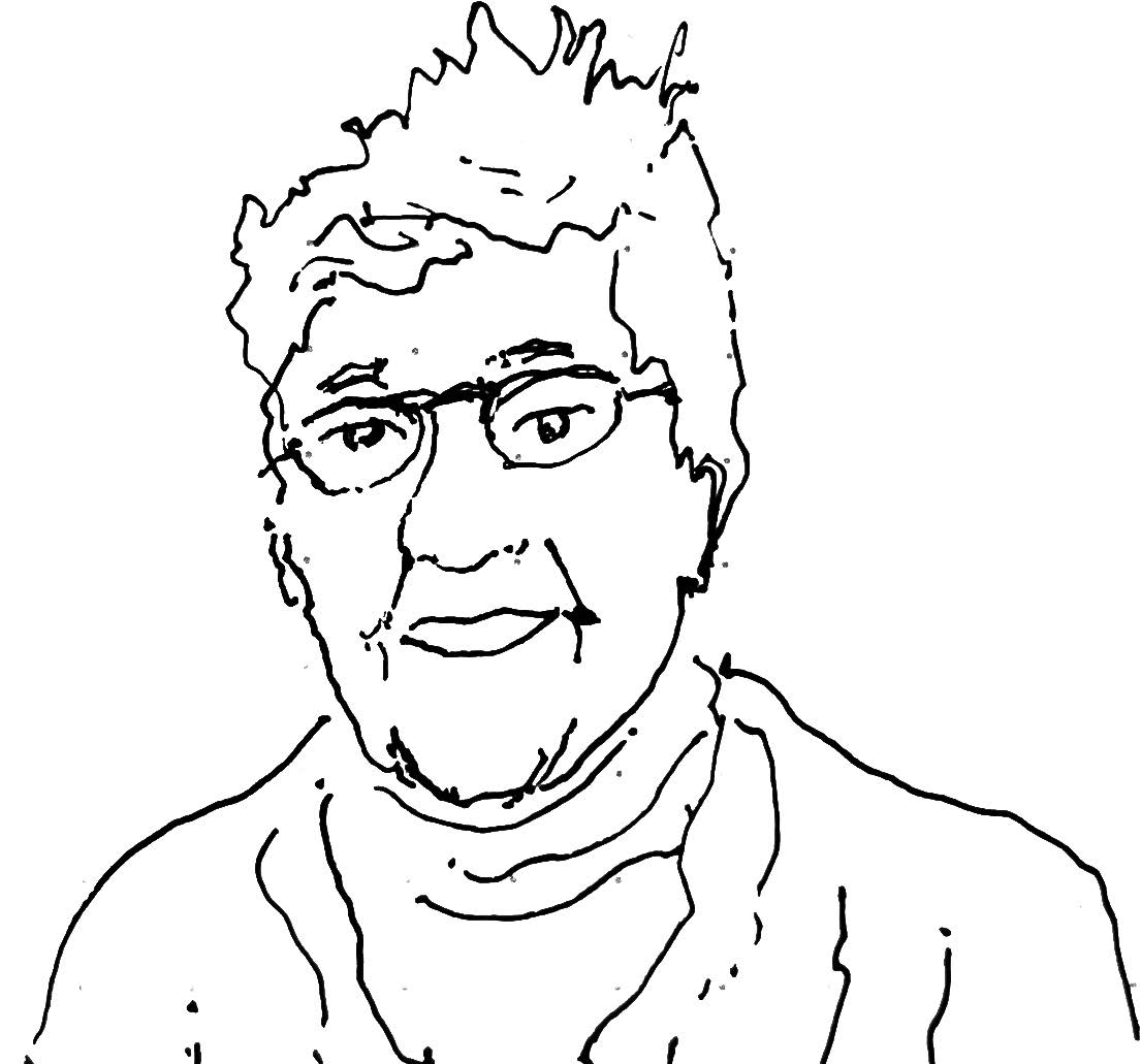 An black and white pencil drawing of a person with glasses.
