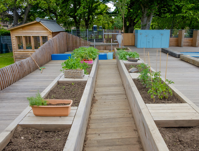 Various vegetable plants are grown in a planter made out of timber in Arcadia Nursery Gardens.