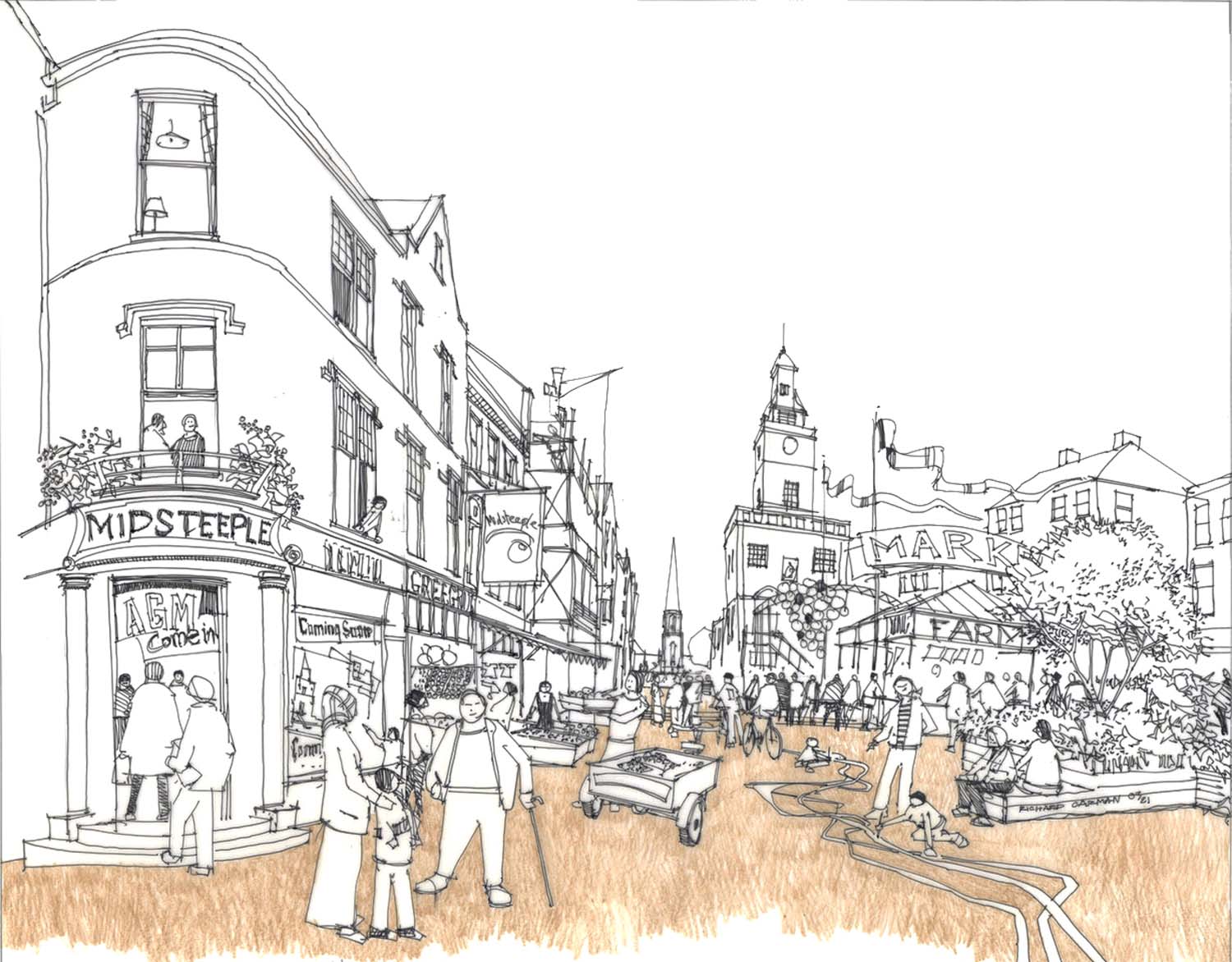 An illustration of Midsteeple town centre with people shopping, walking and playing in the high street. 
