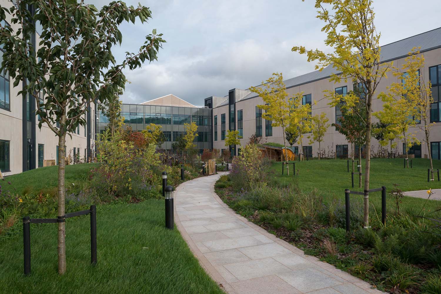 A path leading through a newly planted garden between light coloured stone buildings