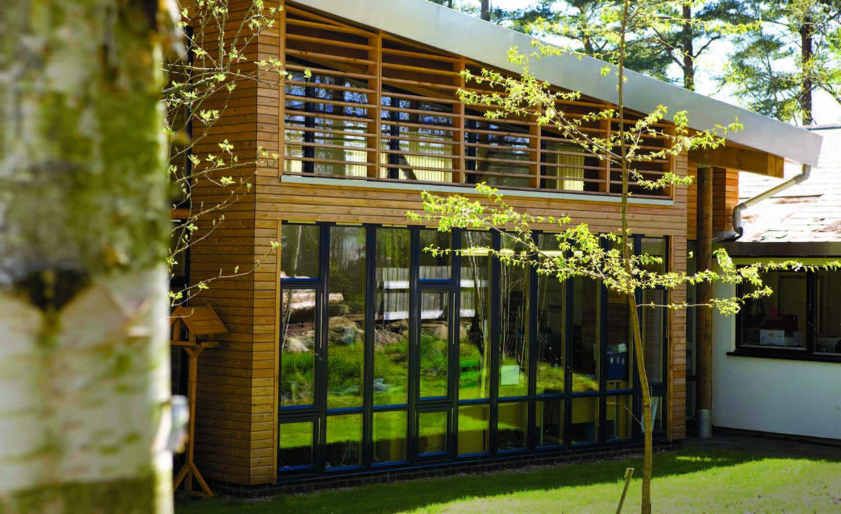 A section of the Forestry Commission district office building shows its exterior wood cladding, black-framed floor to ceiling windows and steel roof fixings. 