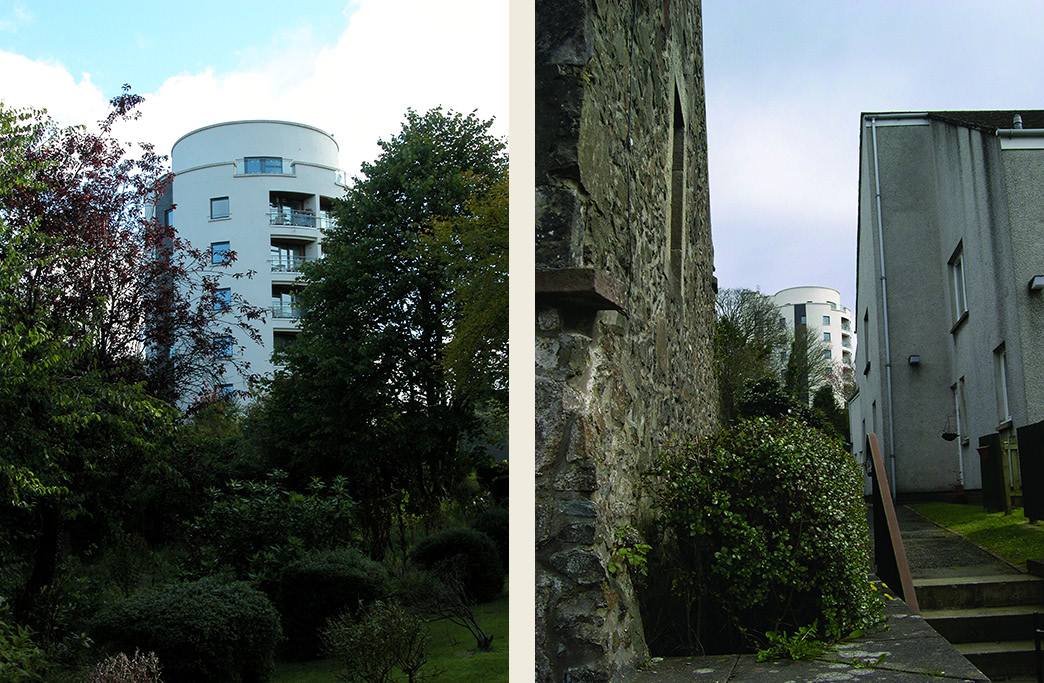 Two images of the same residential tower. The image on the left is a close-up shot of the white tower; in the other the tower can be seen in the distance.