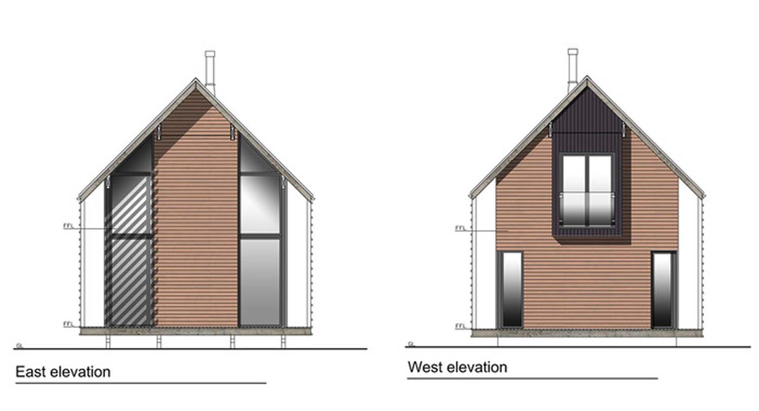 An architectural drawing of the east and west elevations of a wooden house 