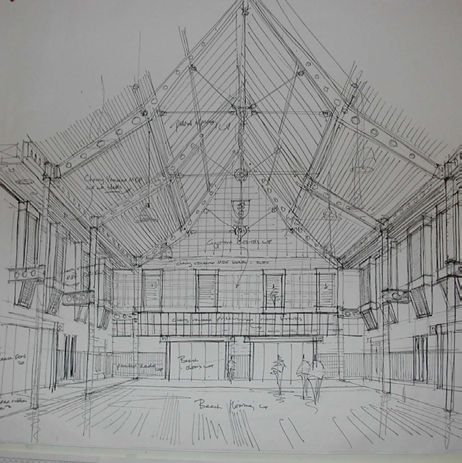A black and white sketch drawing of the interior of Morgan Academy 