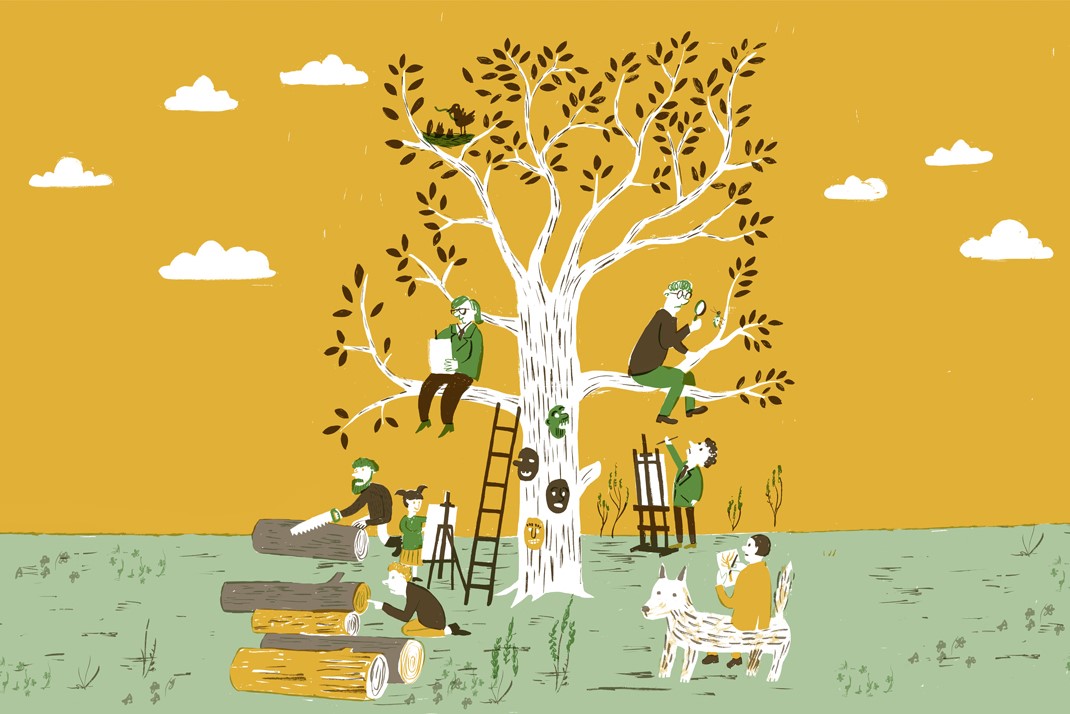 An illustration of people doing activities around, below and on a tree. 