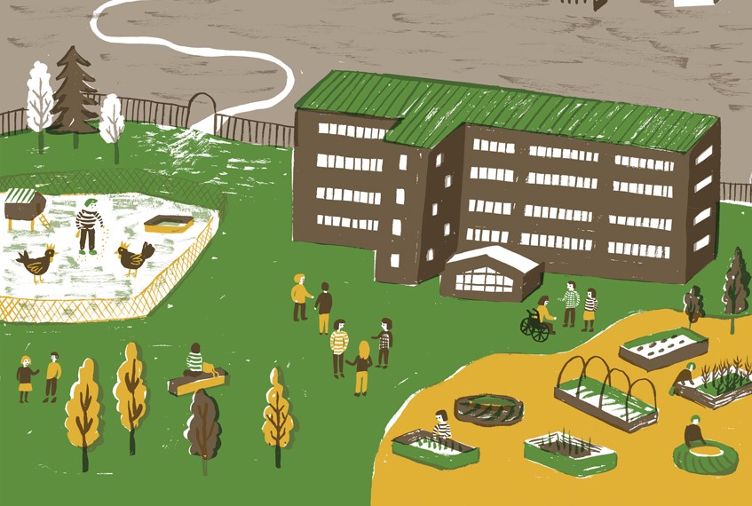 Illustration of school grounds. It includes a building, play area, green space, trees and children roaming around.