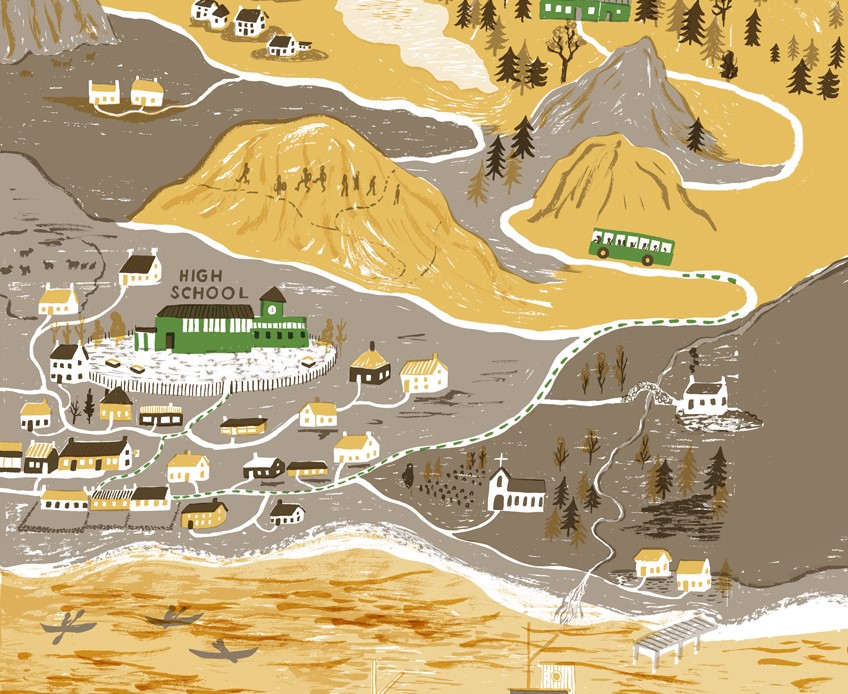 Illustration of a map with the words High School above a green coloured building. It includes, mountains, buses and roads connecting the whole area.