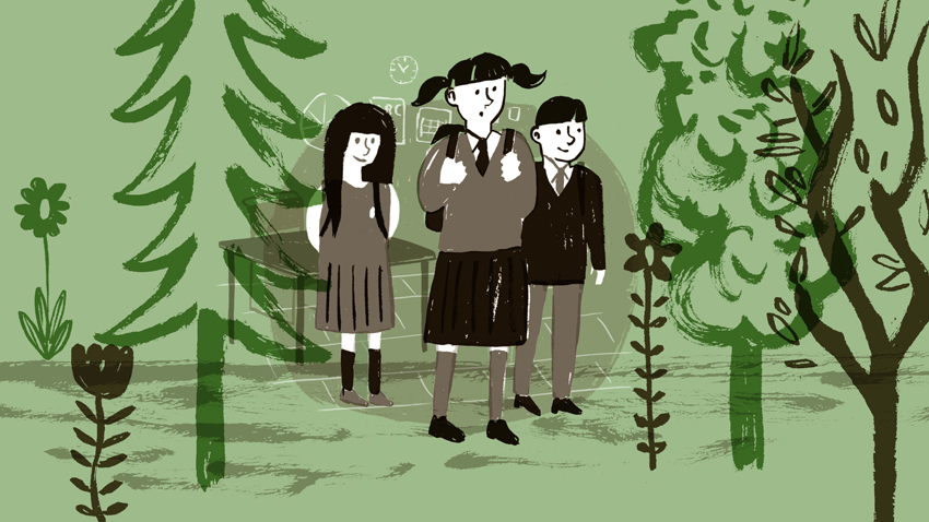 Illustration of three school kids walking through the forest wearing school bags..