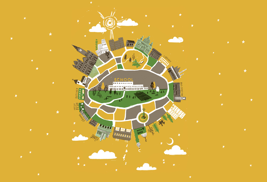 A circular illustration of a world with a school in the centre of buildings on a yellow backdrop surrounded by clouds, stars, sun and moon.
