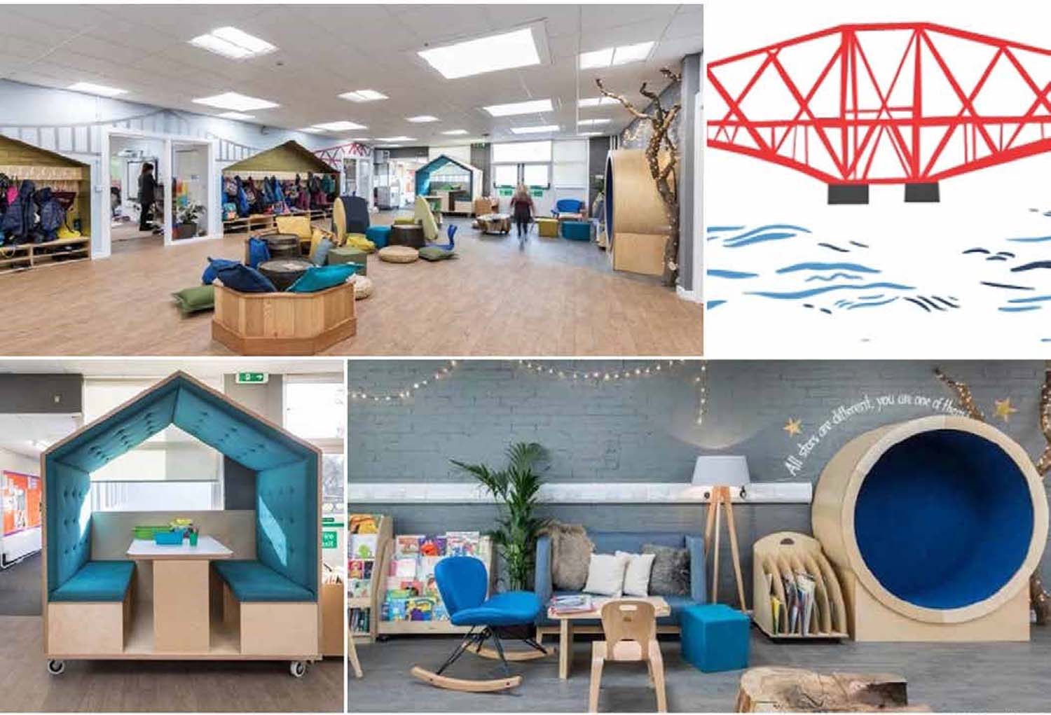 A composite image of a school's interior spaces and furniture. There are comfortable chairs, armchairs and bean bags. There are custom made furniture such as moveable booths and coat storage spaces in teal and green hues.