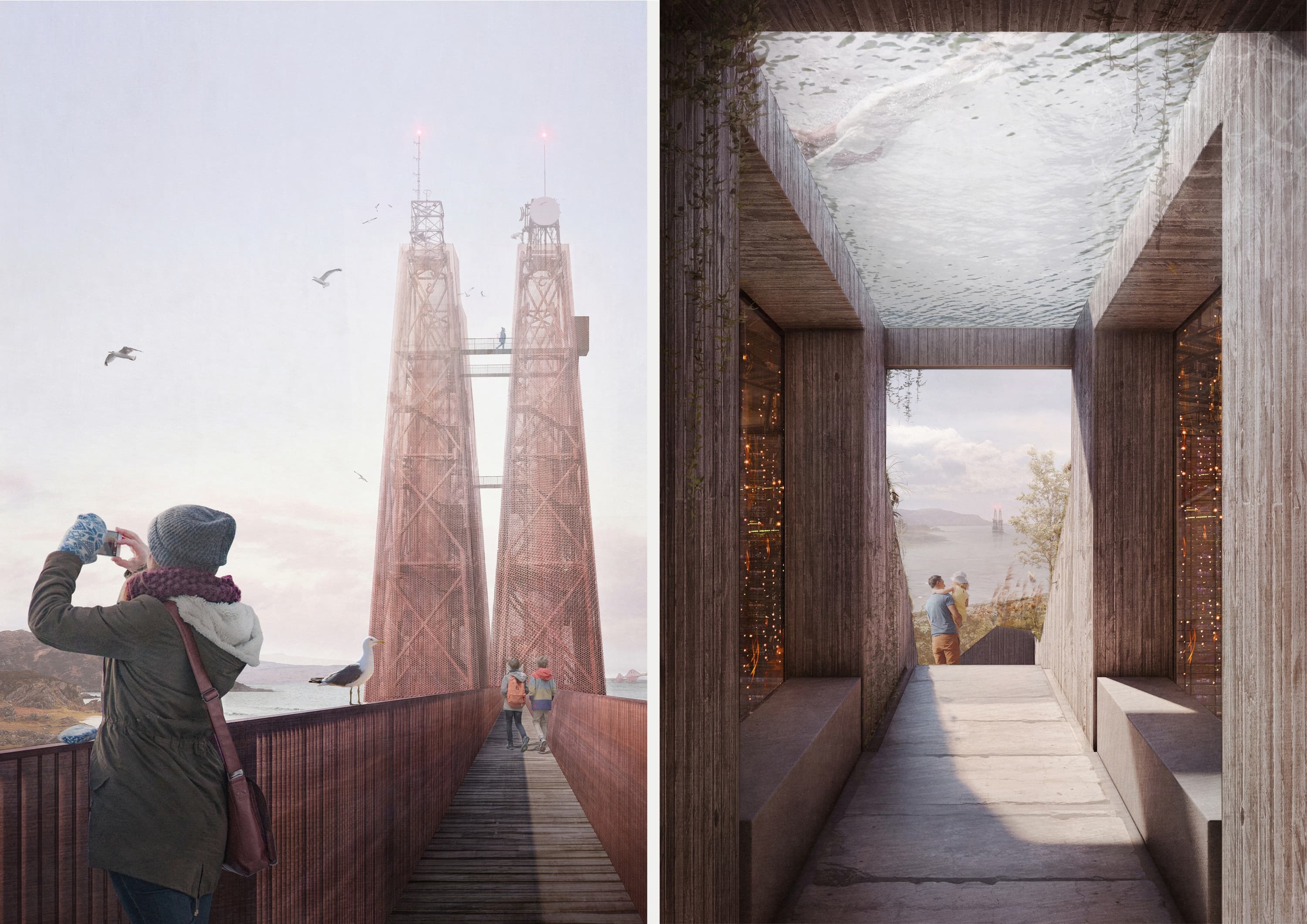 two drawings side by side - on the left hand side a woman looks across a landscape in front of two towers and on the right there is a corridor leading to a viewing platform