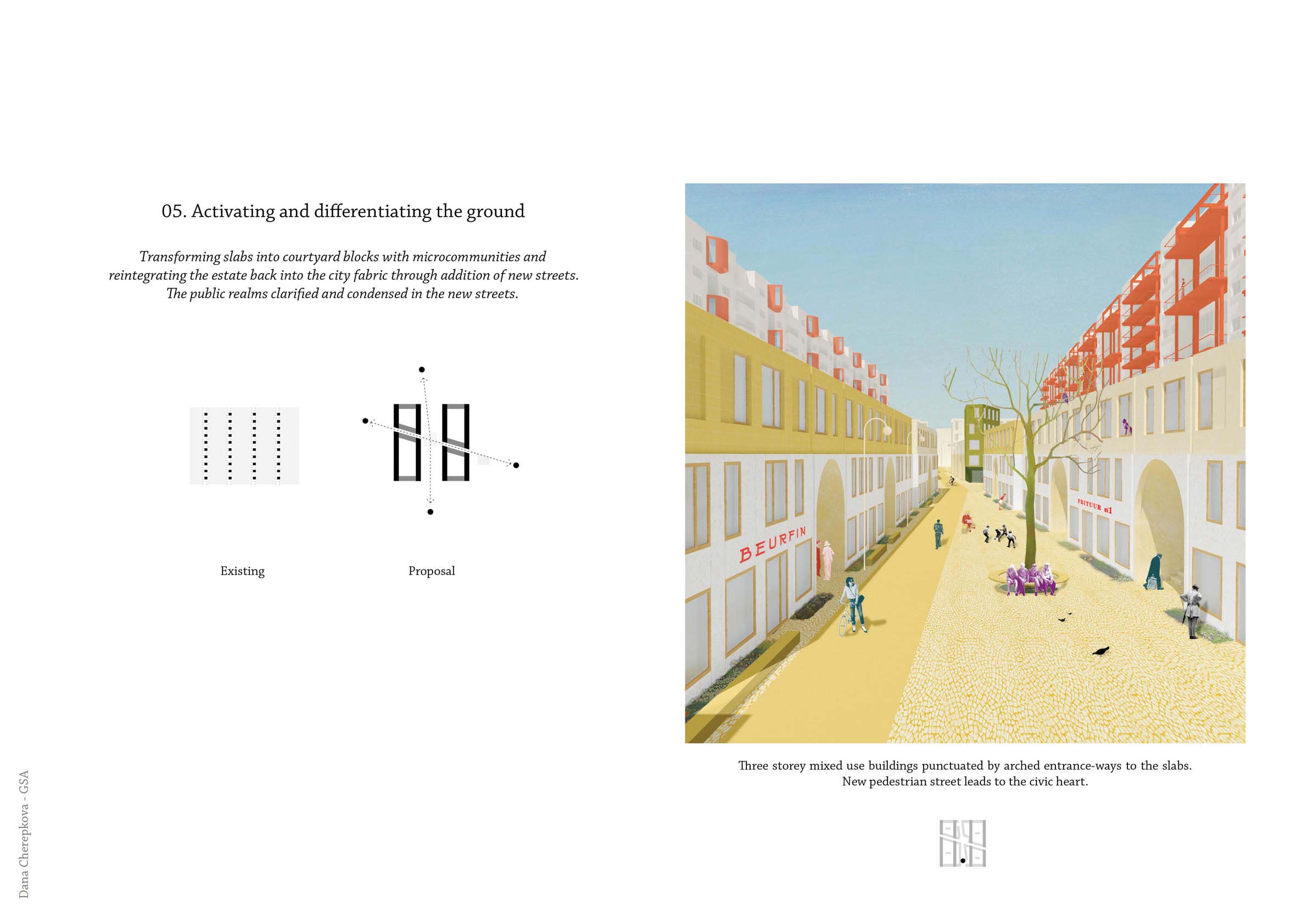 An architectural illustration of a street scene in a retrofitted modernist housing estate in Antwerp
