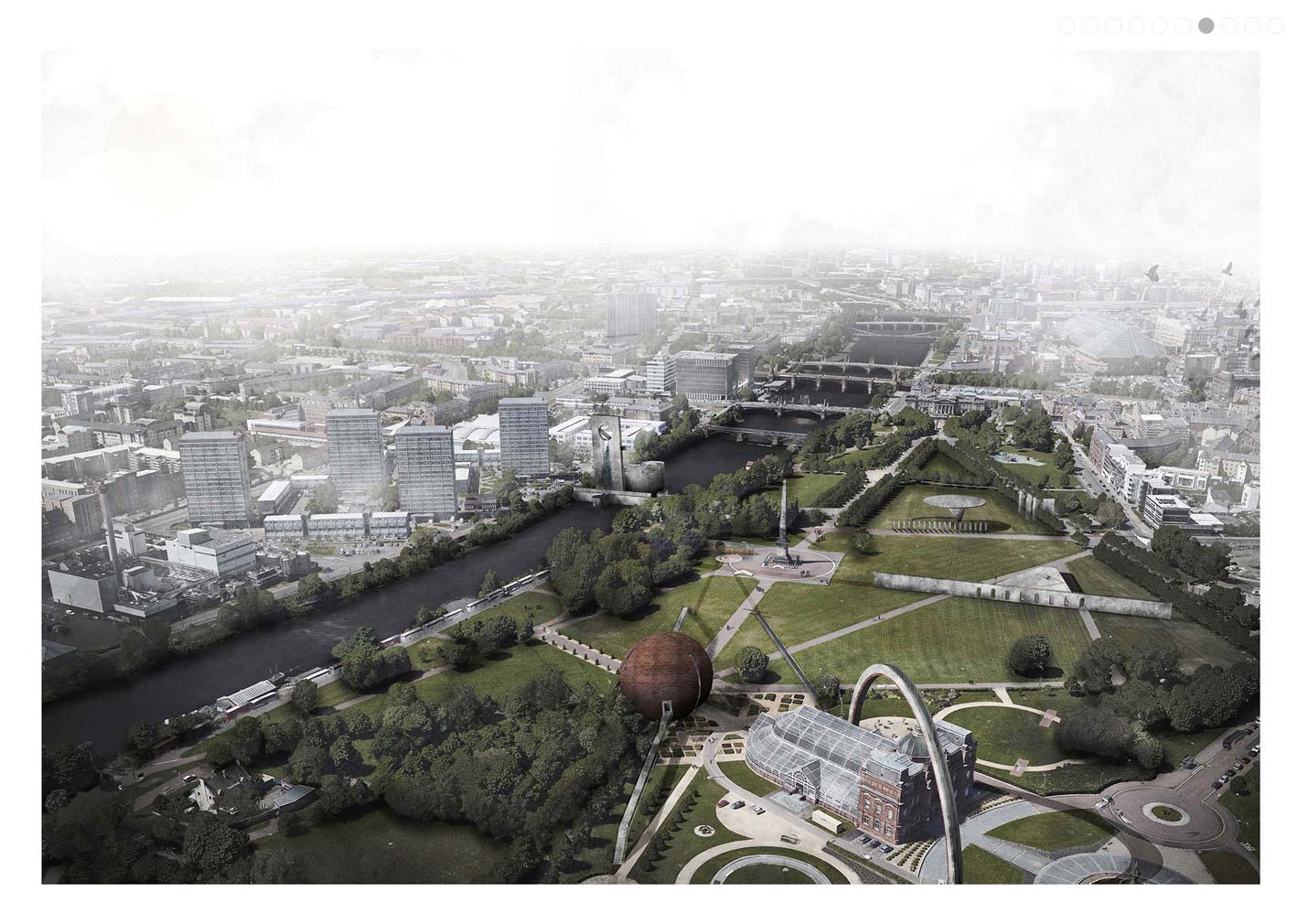 An architectural image of a birds-eye view of Glasgow Green with a proposed development including a large arch