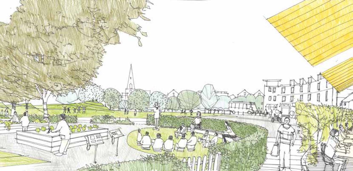 An illustration of a green outdoor space in a town centre with people learning, walking and planting in the area.