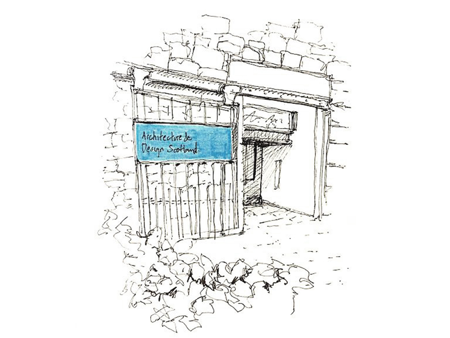 Pen illustration of the A&DS office exterior. It is a stone building with a large metal door.