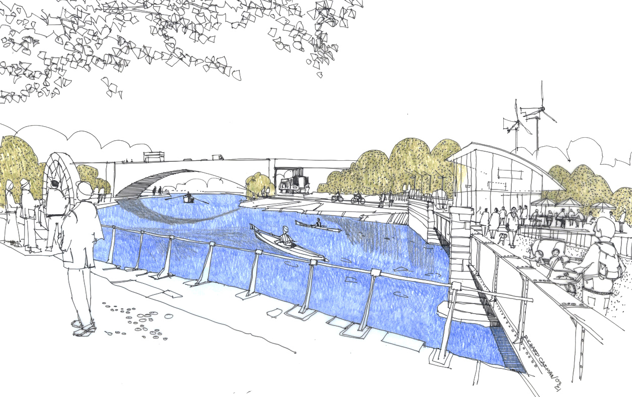 An illustration of a proposed climate conscious town centre with people walking along the waterfront, and others using kayaks and a rowing boat. 
