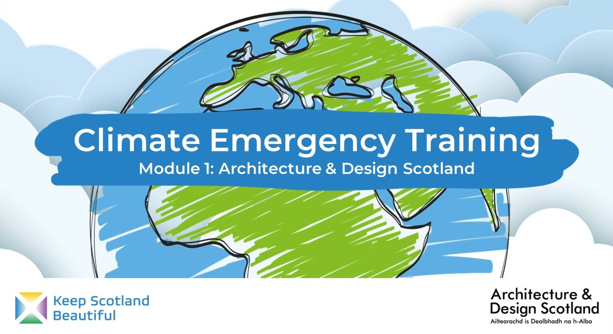 Illustration of planet earth with clouds in the background and the words 'Climate Emergency Training' in the foreground.