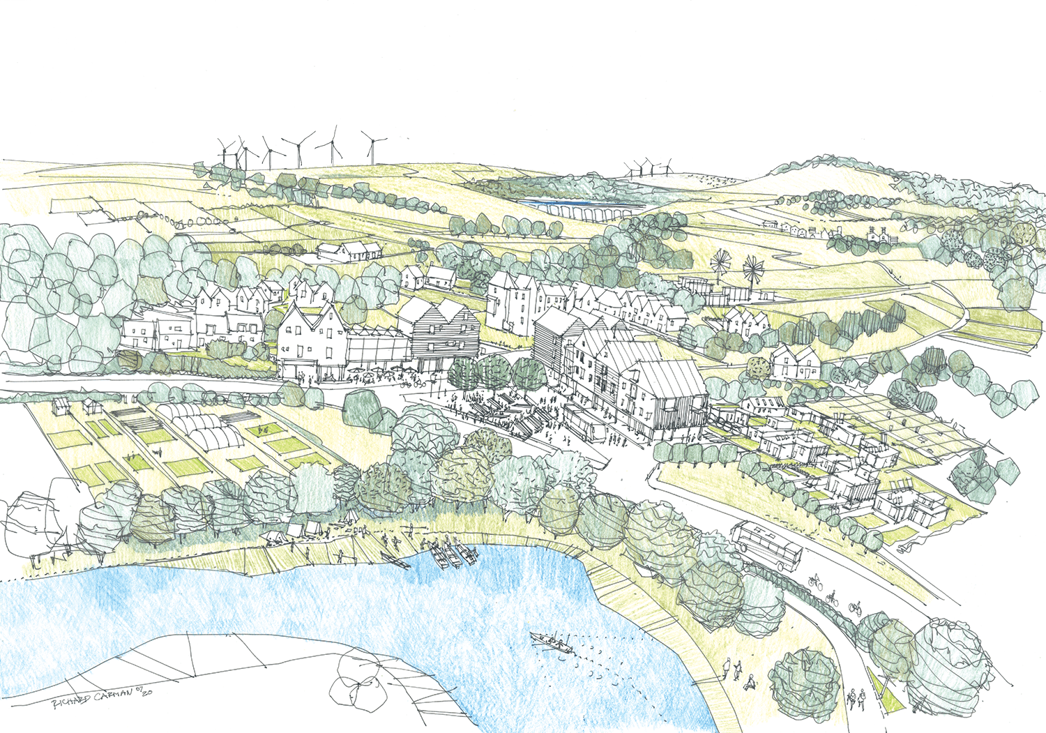 A pencil illustration birds-eye view of a rural community along a river, showing green fields, and a cluster of buildings.