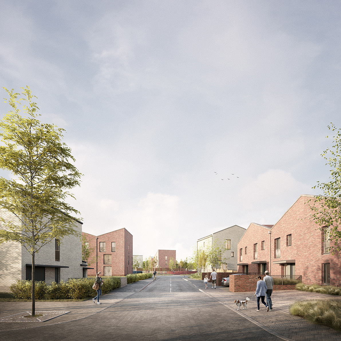 Trees in full leaf and two people walking a dog can be seen in an artist’s impression of a street scene in Fraser Avenue, Inverkeithing.