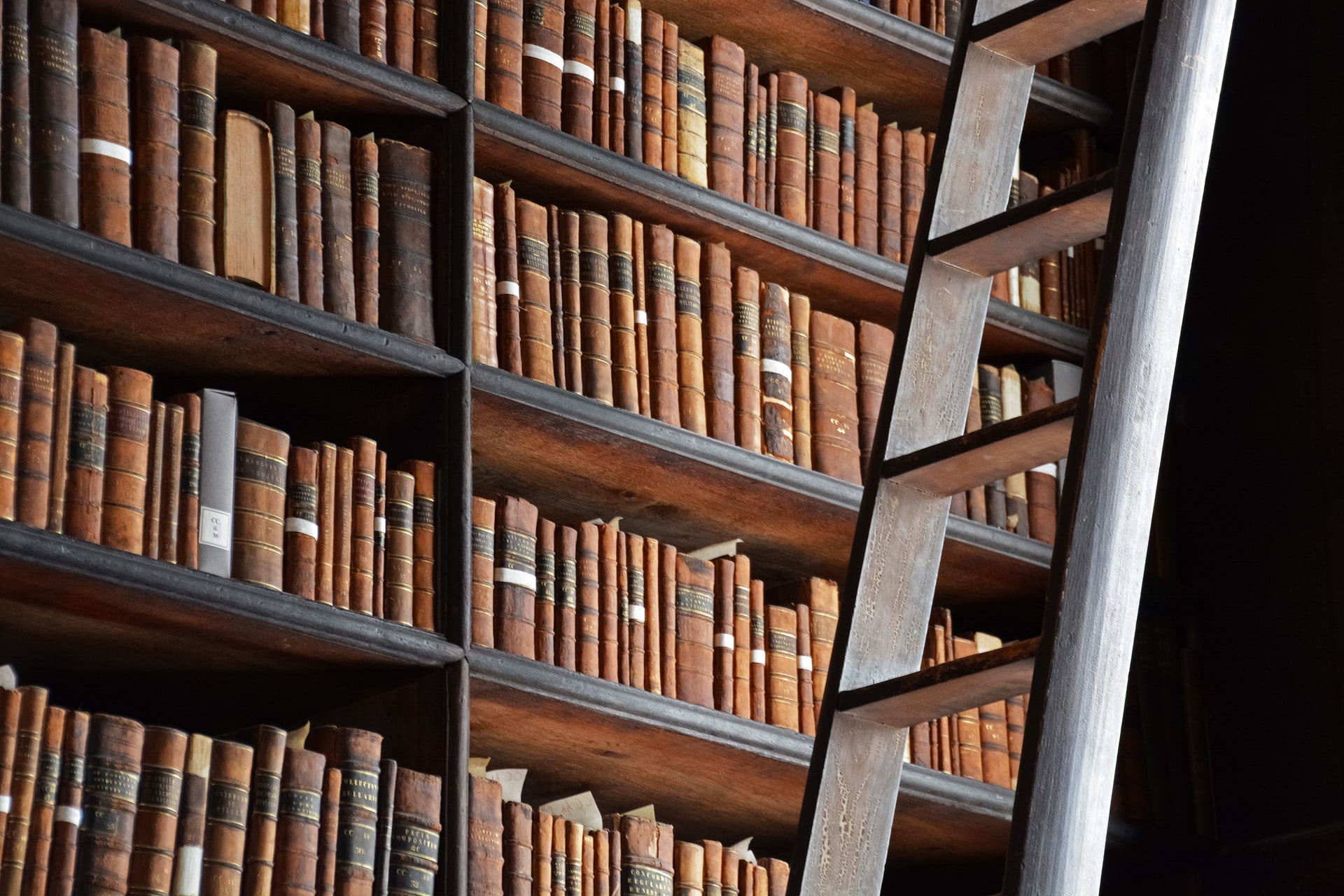 A shot of a library with brown bookshelves with old books and a wooden ladder in the foreground