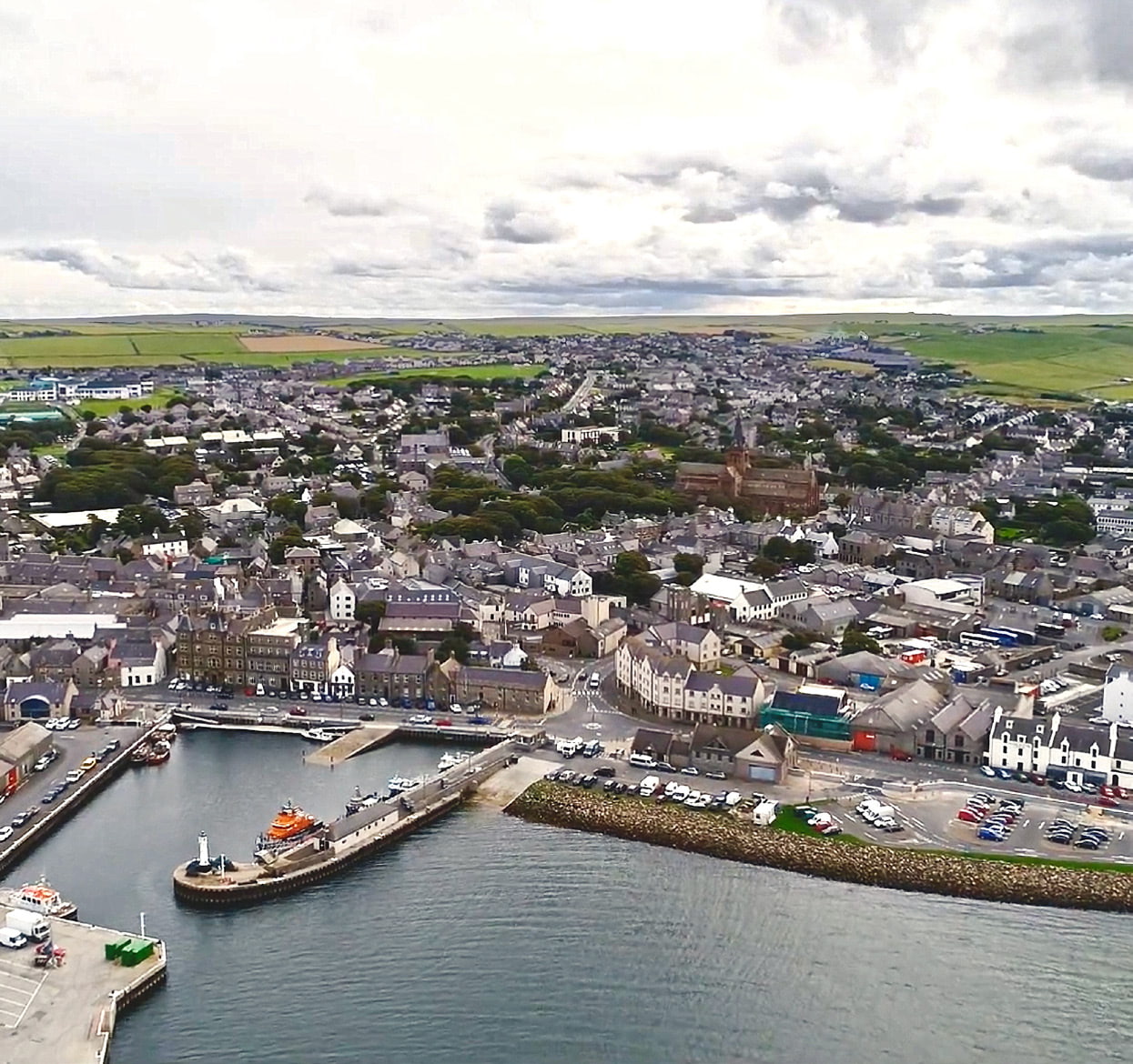 An aerial view of Kirkwall town centre and seafront.