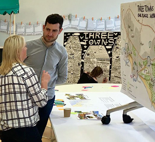Two people standing in front of an aerial map of North Ayrshire during a Place Standard workshop.