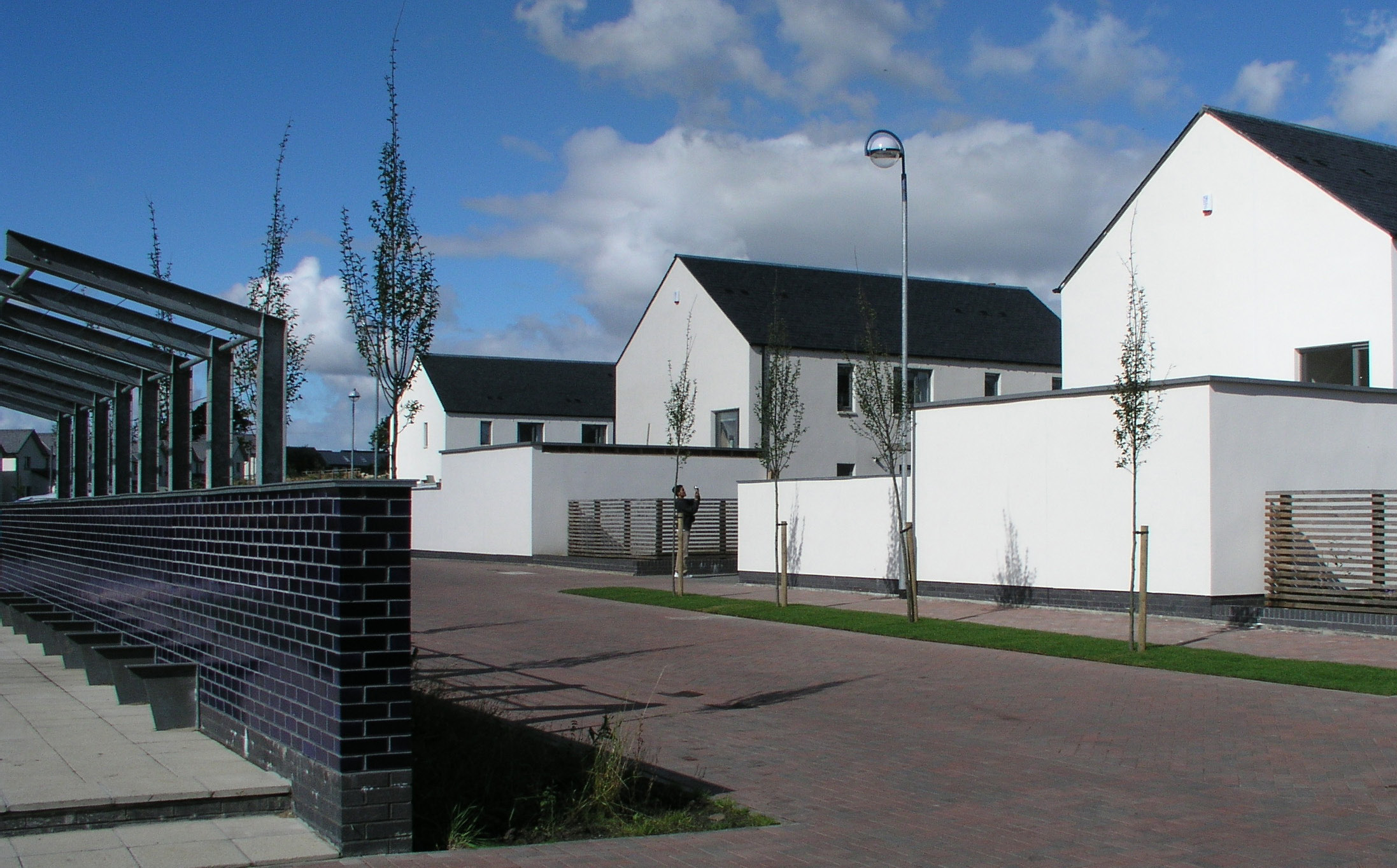 A road adjacent to the houses in the Maryfield Housing development. Streetlights and a narrow slip of green grass is beside the road.