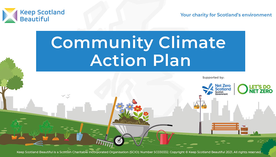 A colourful illustration with the words Community Climate Action Plans on a blue banner above a green space with a wheel barrow with plants in the foreground.