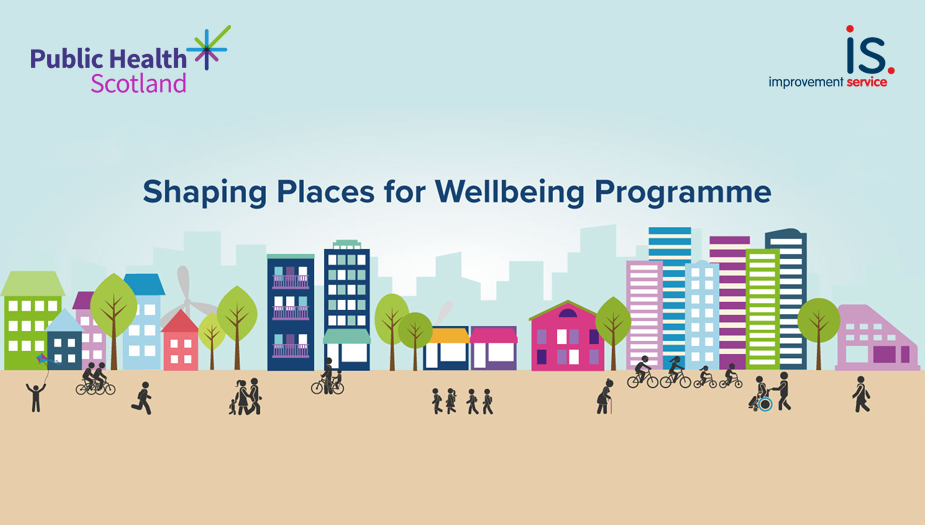 A colourful graphic of a town with people moving about in the foreground  with the words shaping places for wellbeing programme written above the illustrations