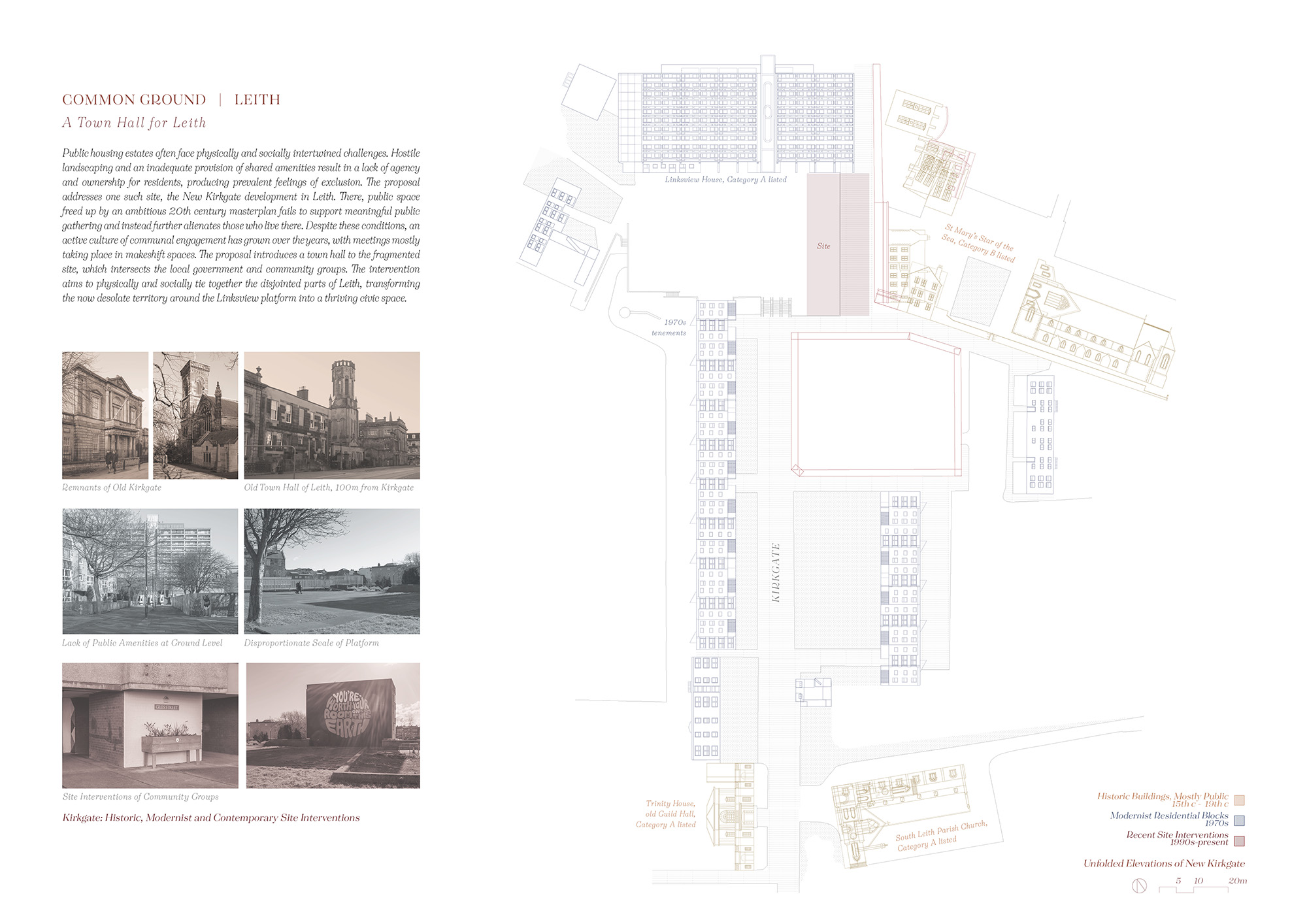 Page 1 of Inka Eismar winning entry to the A&DS and RIAS Scottish Student Awards. The board includes a site development plan and images of the Leith.  