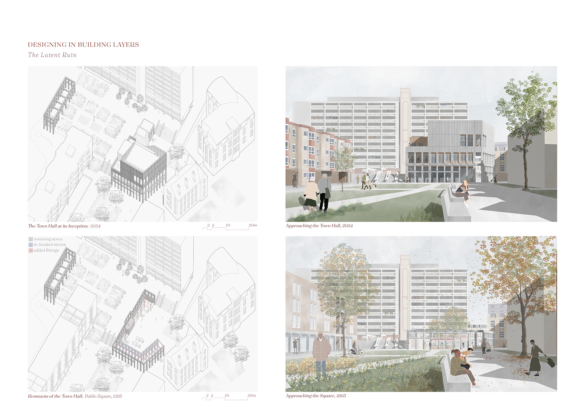 Page 6 of Inka Eismar winning entry to the A&DS and RIAS Scottish Student Awards. The board includes two architectural drawings of the public square and town hall and coloured illustrations for each. 