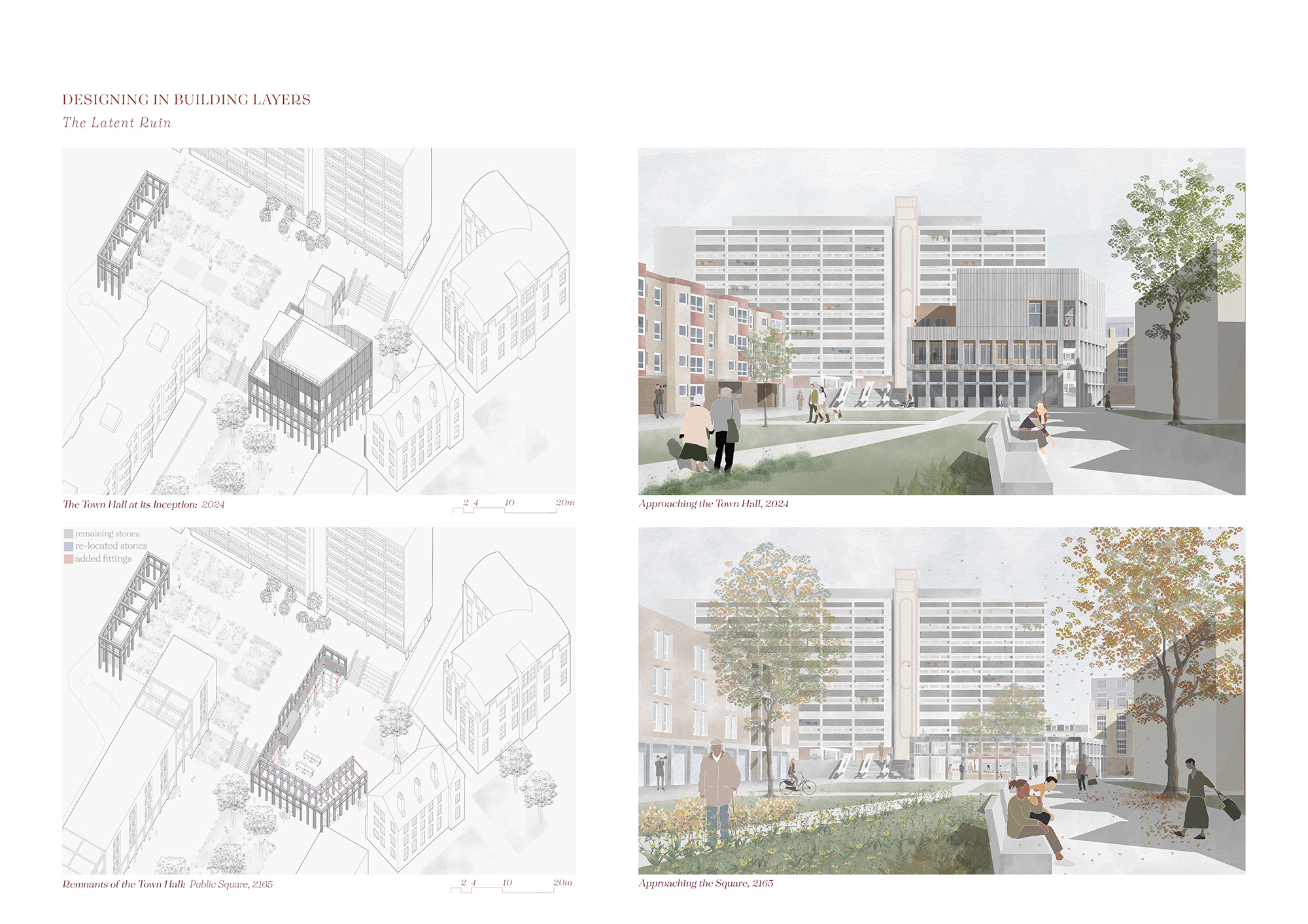Page 6 of Inka Eismar winning entry to the A&DS and RIAS Scottish Student Awards. The board includes two architectural drawings of the public square and town hall and coloured illustrations for each. 