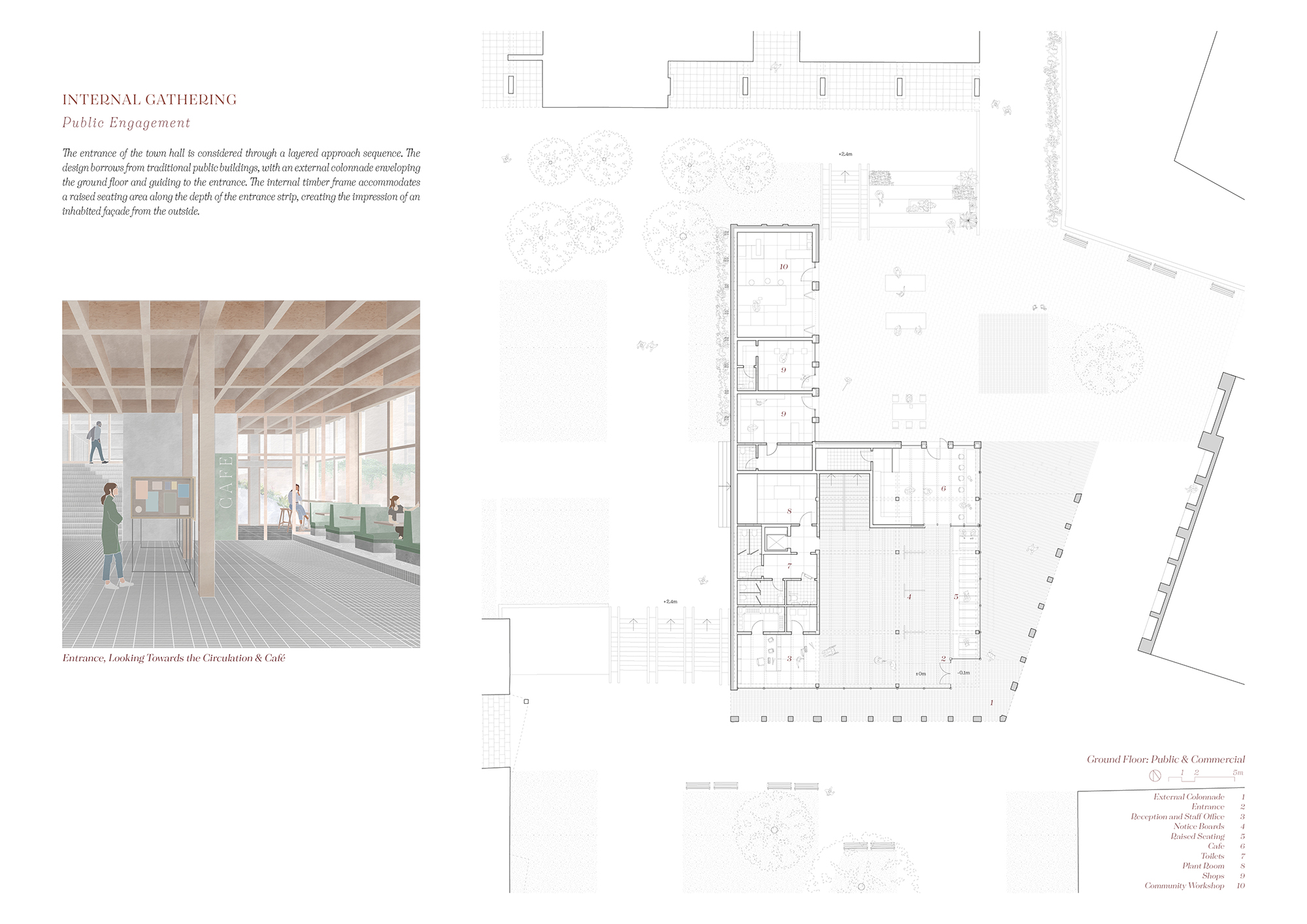 Page 7 of Inka Eismar winning entry to the A&DS and RIAS Scottish Student Awards. The board includes a site development plan for the public and commercial ground floor and a architectural illustration of the entrance.