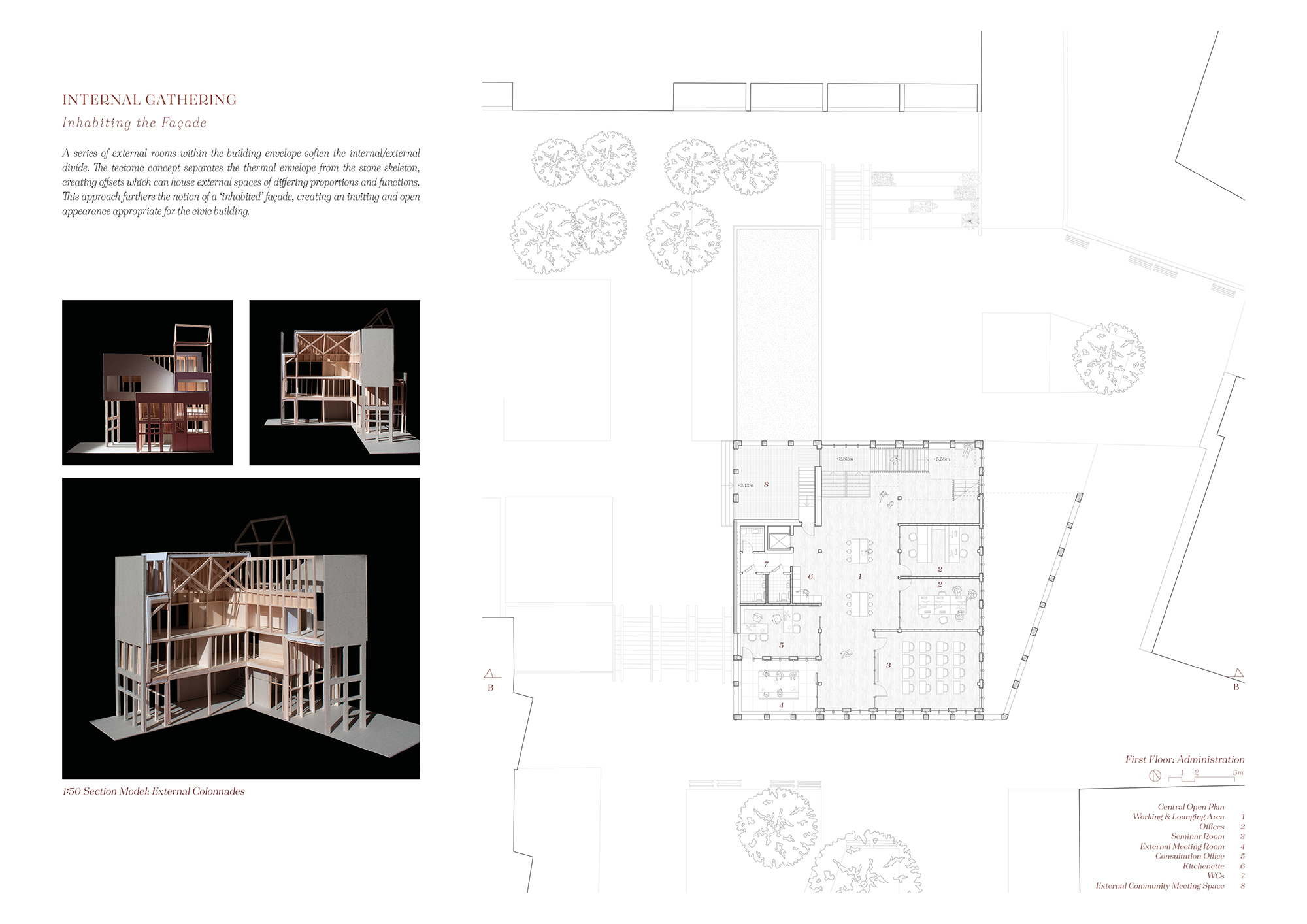 Page 8 of Inka Eismar winning entry to the A&DS and RIAS Scottish Student Awards. The board includes images of a section model from the project and the first-floor site plan.  