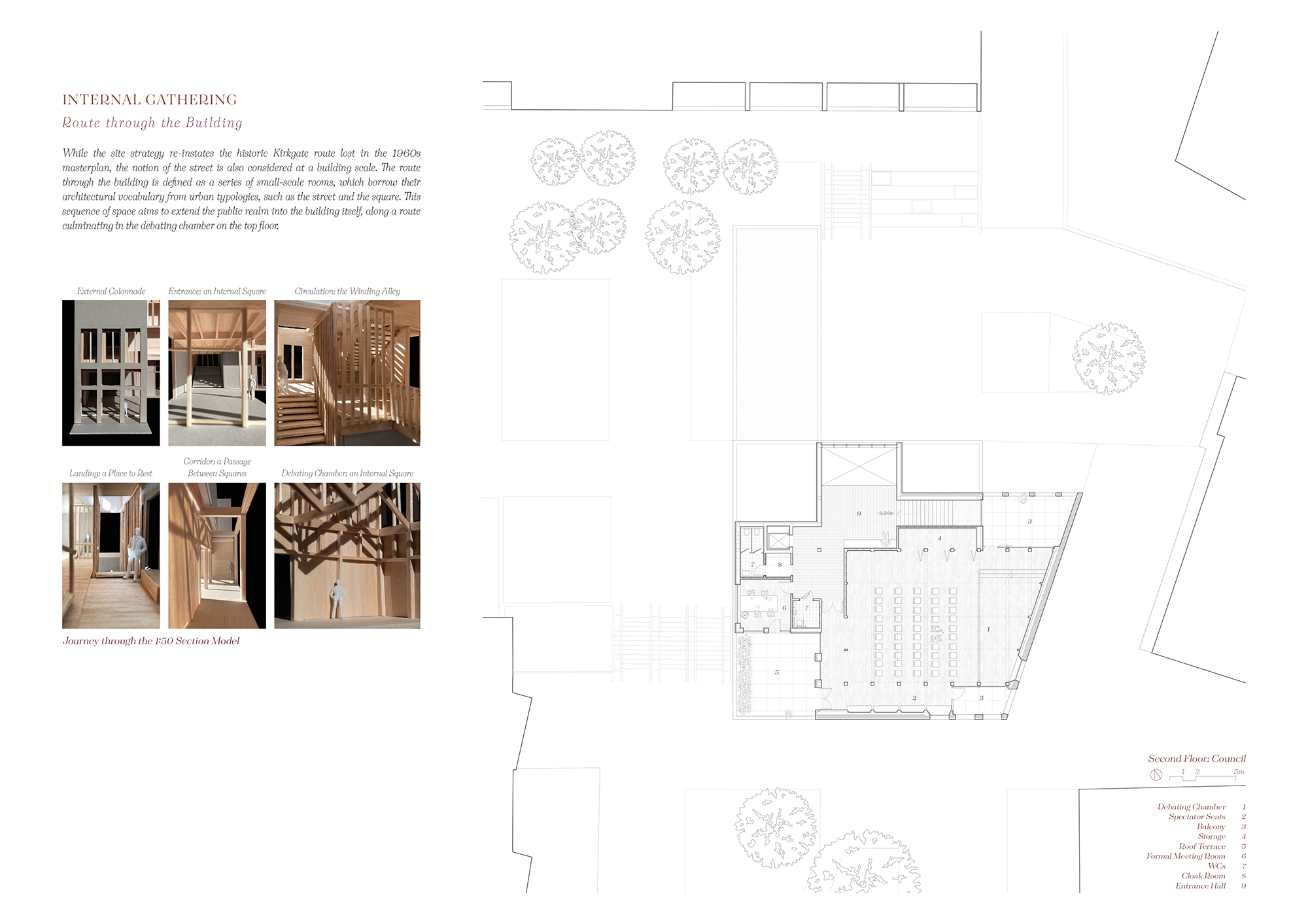 Page 9 of Inka Eismar winning entry to the A&DS and RIAS Scottish Student Awards. The board includes a site development plan for the second floor and images of the section models.