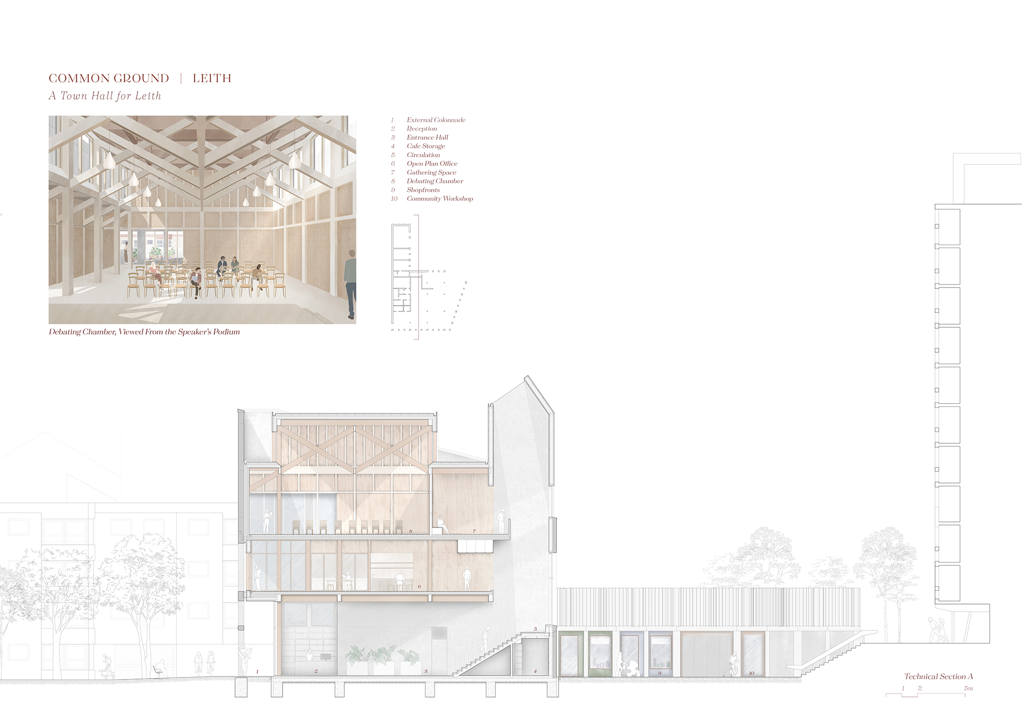 Page 10 of Inka Eismar winning entry to the A&DS and RIAS Scottish Student Awards. The board includes a drawing of a technical section and an internal illustration of the debating chamber.