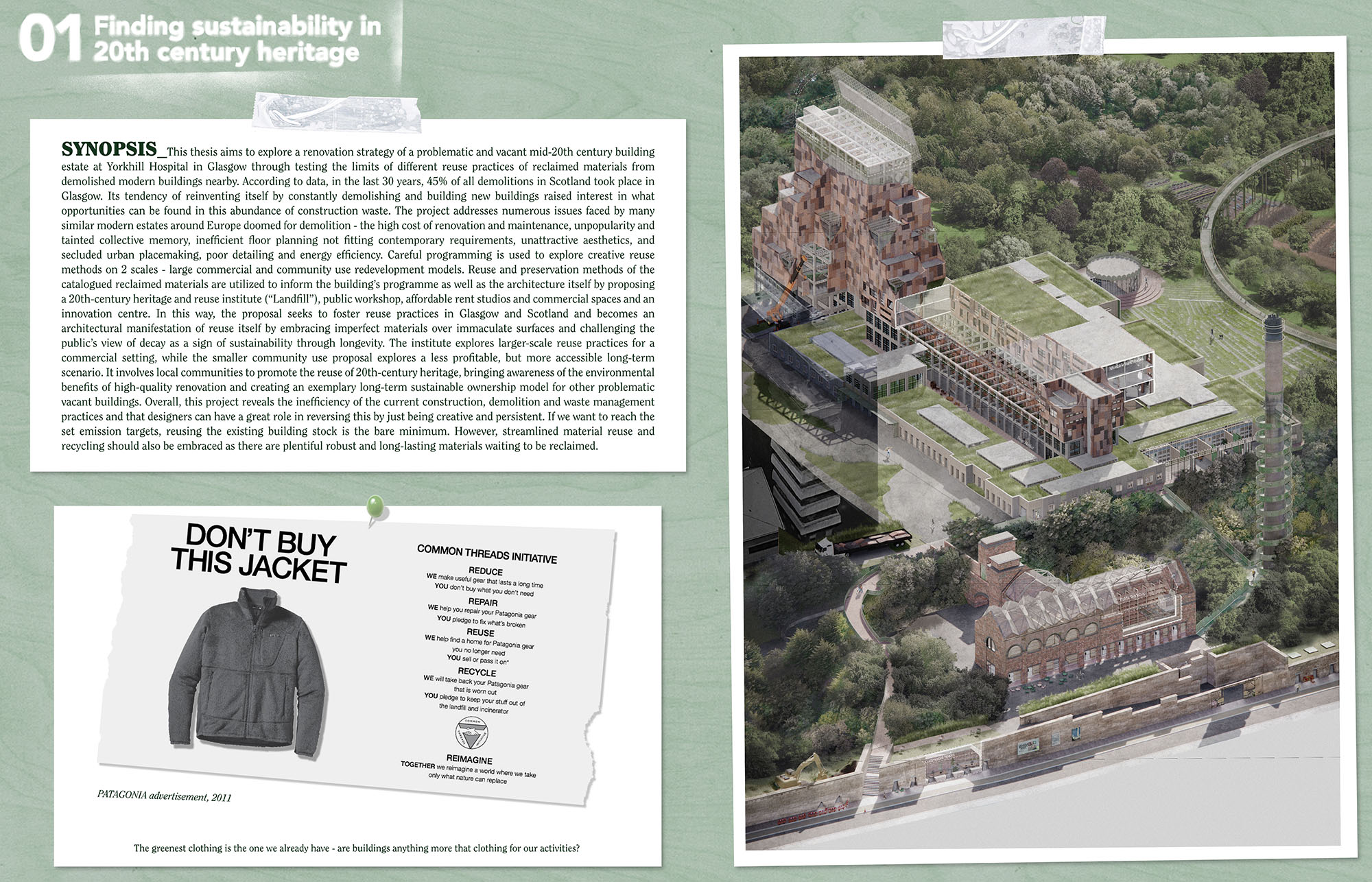 Page 1 of Karlis Kukainis winning entry to the A&DS and RIAS Scottish Student Award. The board includes the synopsis and an image of building amongst green spaces.