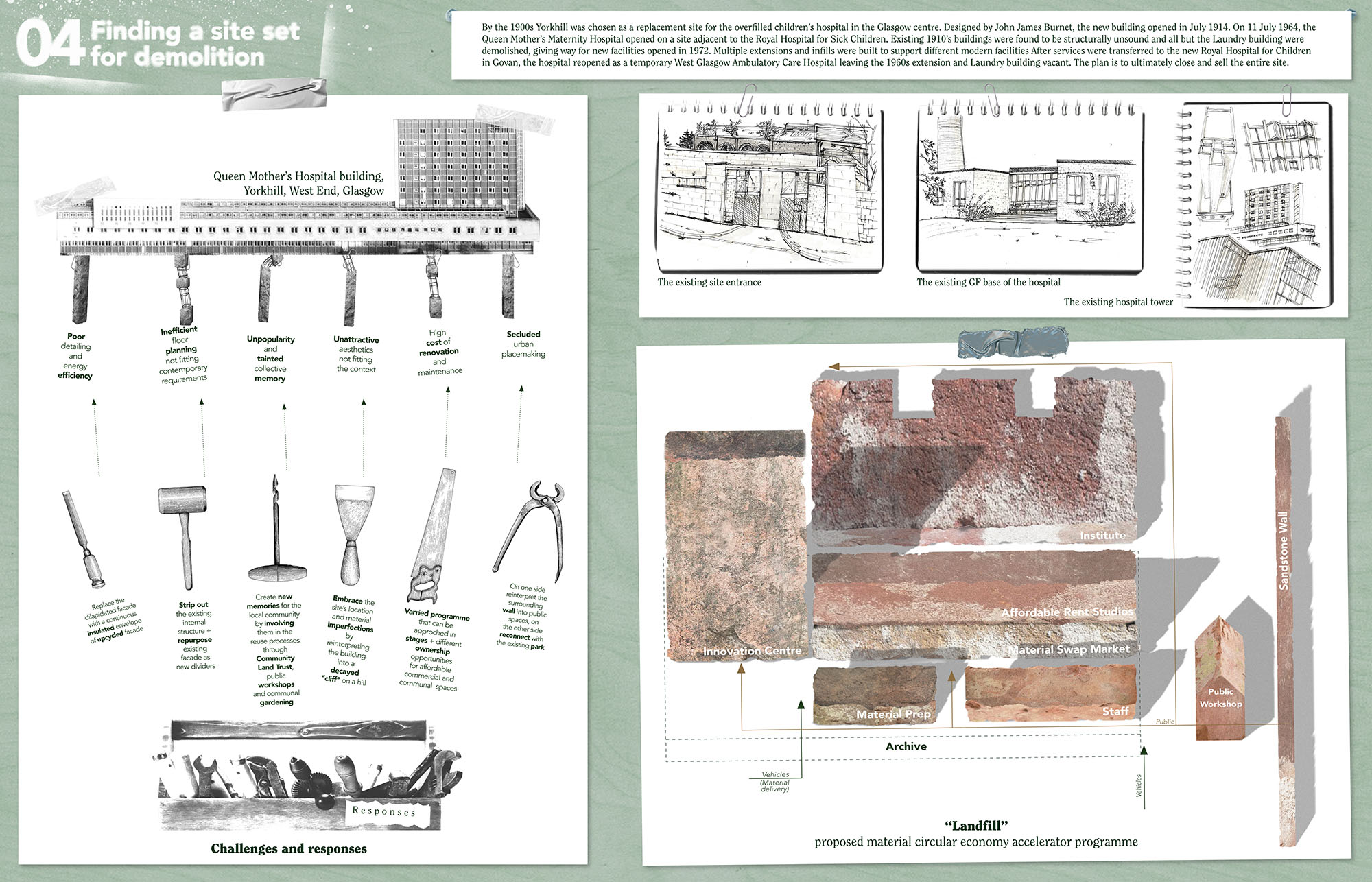 Page 4 of Karlis Kukainis winning entry to the A&DS and RIAS Scottish Student Award. The board includes sample materials for the landfill sites alongside architectural drawings for the Queen Mother Hospital building in Glasgow.