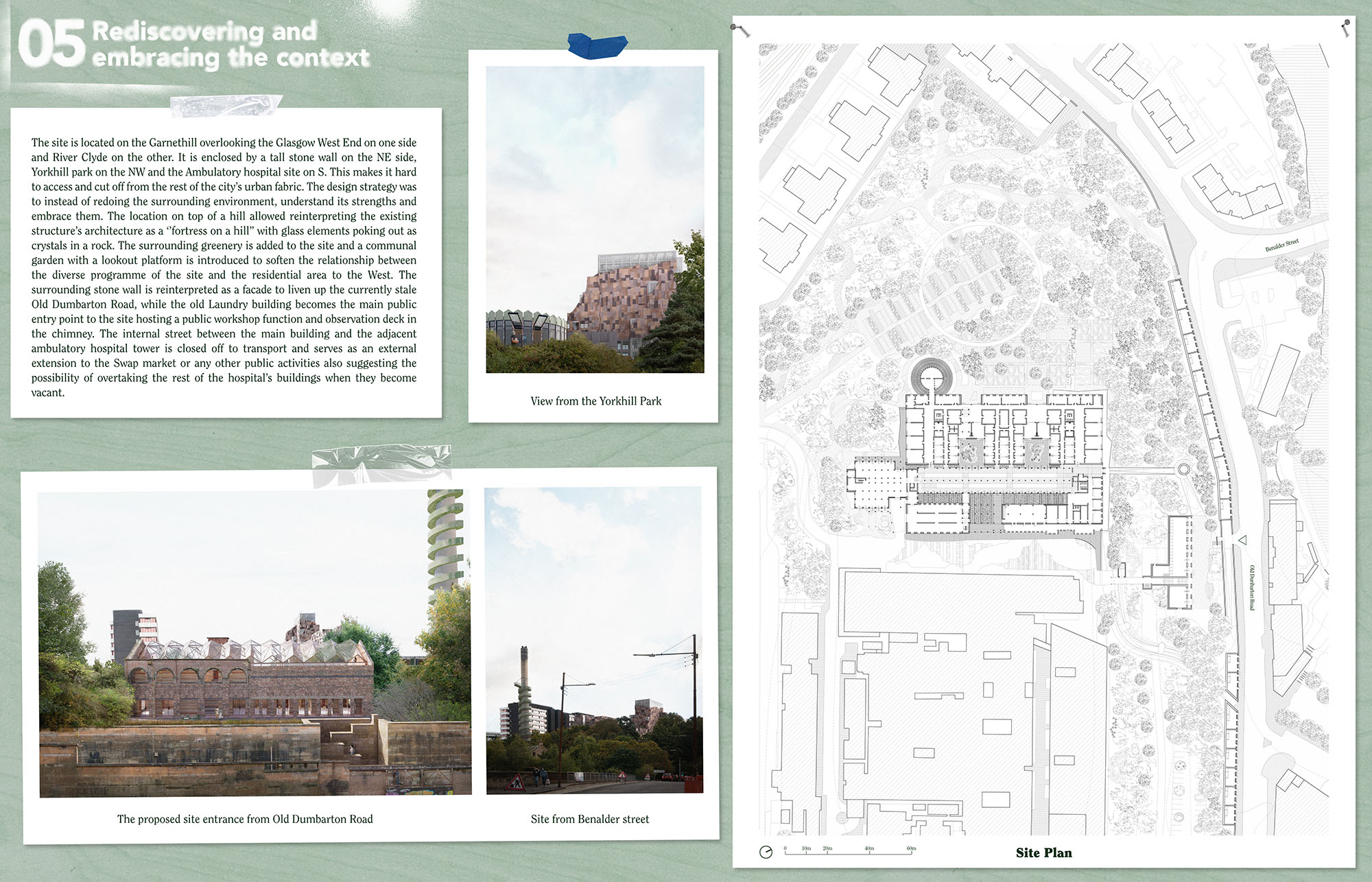 Page 5 of Karlis Kukainis winning entry to the A&DS and RIAS Scottish Student Award. The board includes an architectural site plan for the hospital.