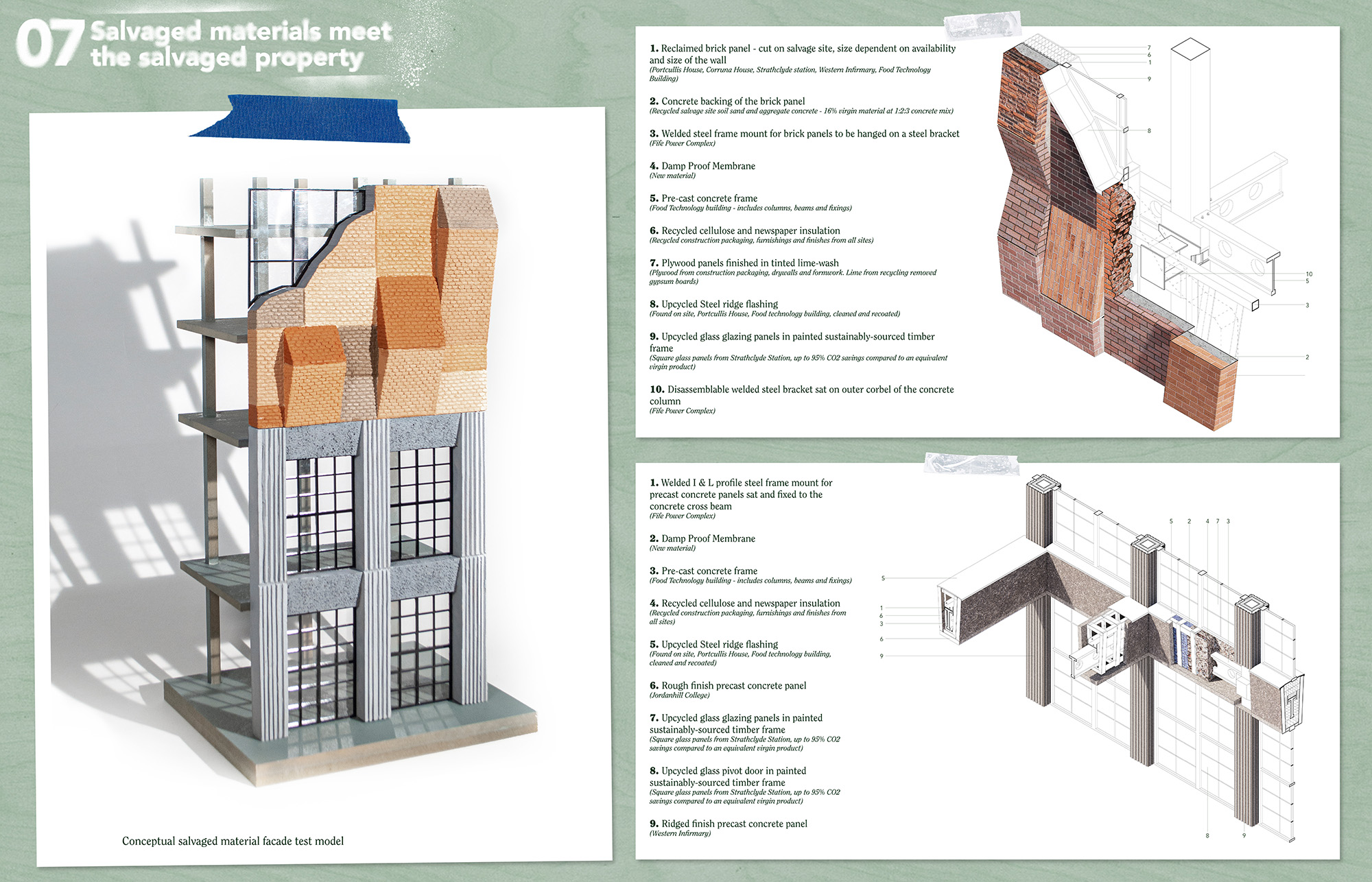 Page 7 of Karlis Kukainis winning entry to the A&DS and RIAS Scottish Student Award. The board includes an conceptual salvaged material facade test model with various materials that can be used for the project.
